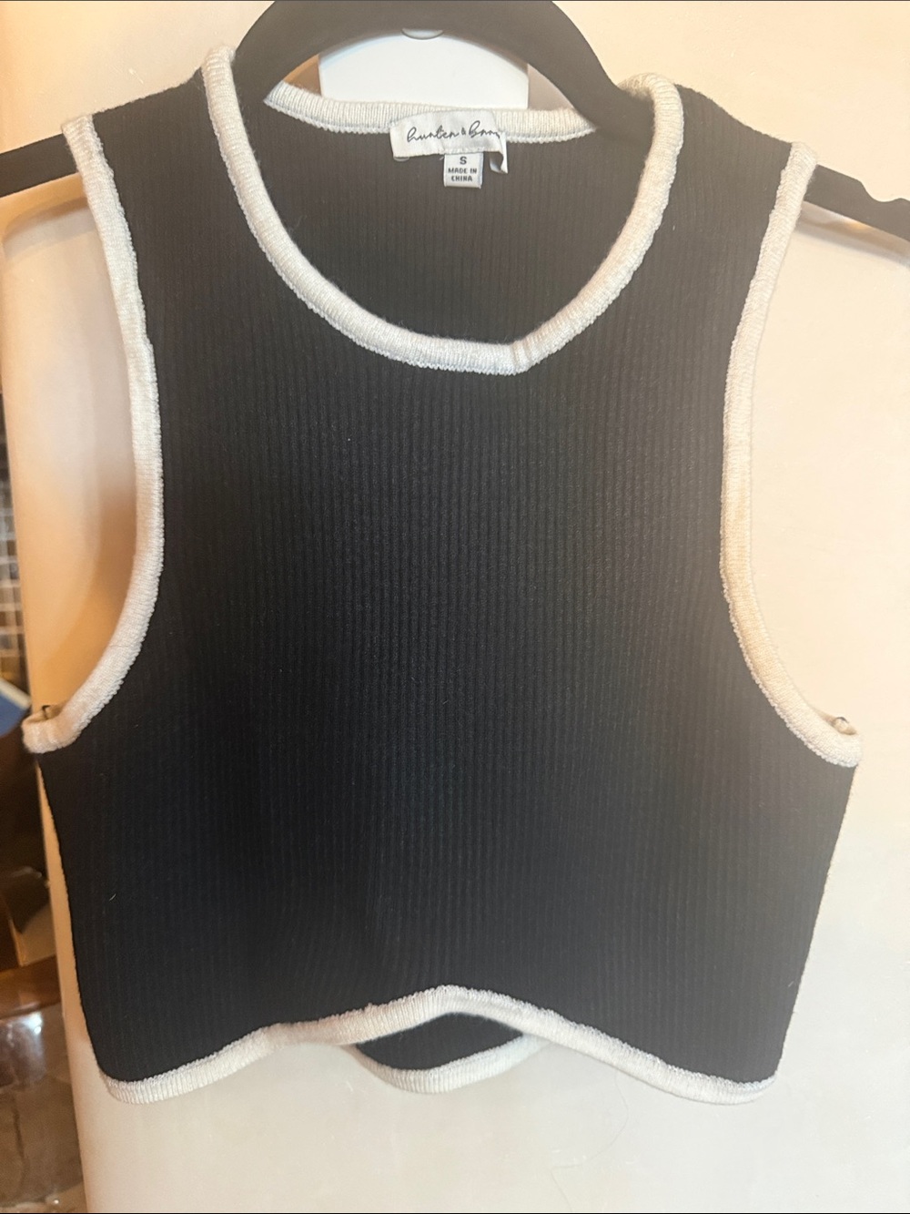 Anthropologie Black Ribbed Cropped Tank with Cream Trim